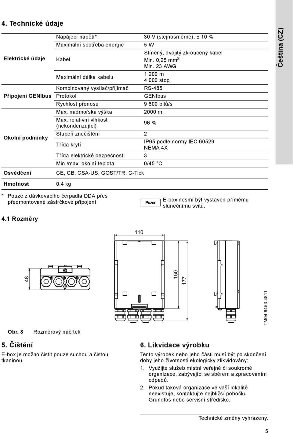 23 AWG 1 200 m 4 000 stop RS-485 GENIbus 9 600 bitů/s 2000 m 96 % Třída krytí IP65 podle normy IEC 60529 NEMA 4X Třída elektrické bezpečnosti 3 Min./max.