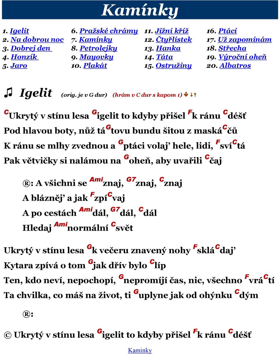 je v G dur) (hrám v C dur s kapom 1) C G F C Ukrytý v stínu lesa igelit to kdyby přišel k ránu déšť Pod hlavou boty, nůţ tá G tovu bundu šitou z maská C čů K ránu se mlhy zvednou a G ptáci volaj