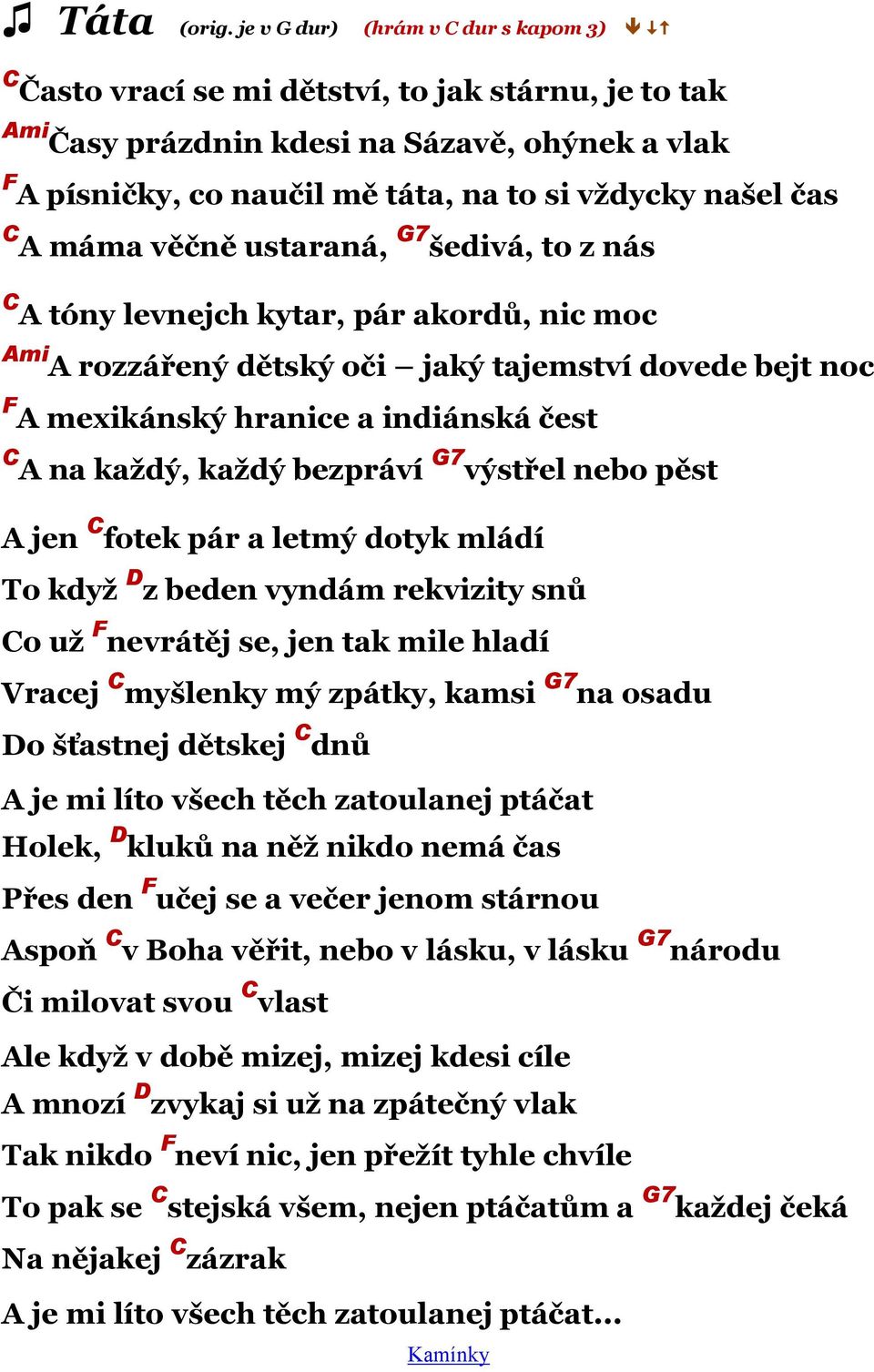 C G7 A máma věčně ustaraná, šedivá, to z nás C A tóny levnejch kytar, pár akordů, nic moc Ami A rozzářený dětský oči jaký tajemství dovede bejt noc F A mexikánský hranice a indiánská čest C G7 A na