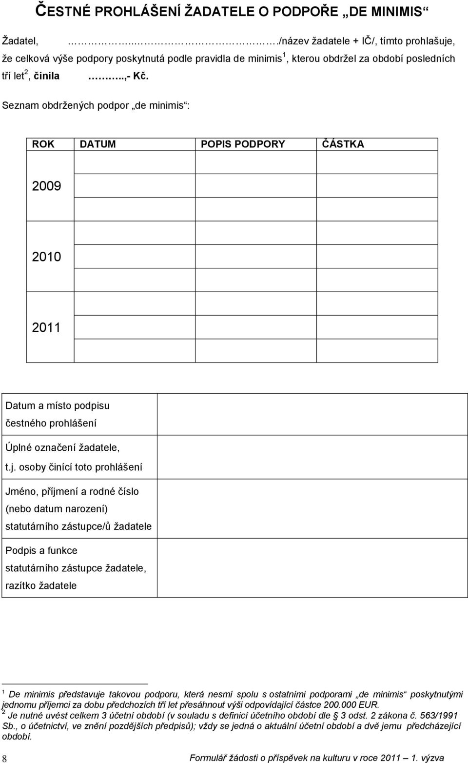 Seznam bdržených pdpr de minimis : ROK DATUM POPIS PODPORY ČÁSTKA 2009 2010 2011 Datum a míst pdpisu čestnéh prhlášení Úplné značení žadatele, t.j.