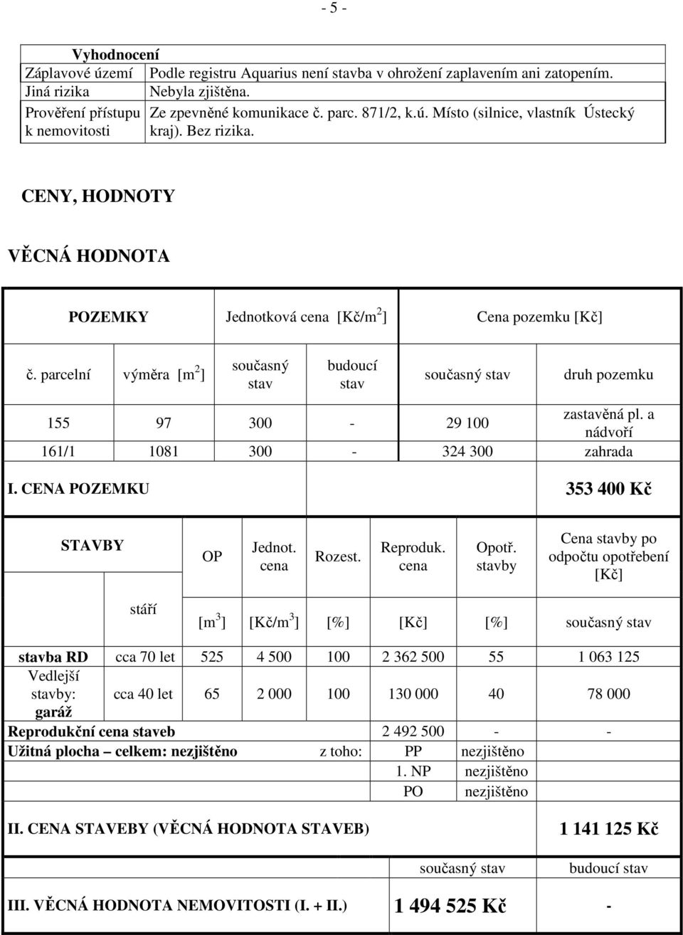 parcelní výměra [m 2 ] současný stav budoucí stav současný stav druh pozemku 155 97 300-29 100 zastavěná pl. a nádvoří 161/1 1081 300-324 300 zahrada I. CENA POZEMKU 353 400 Kč STAVBY OP Jednot.