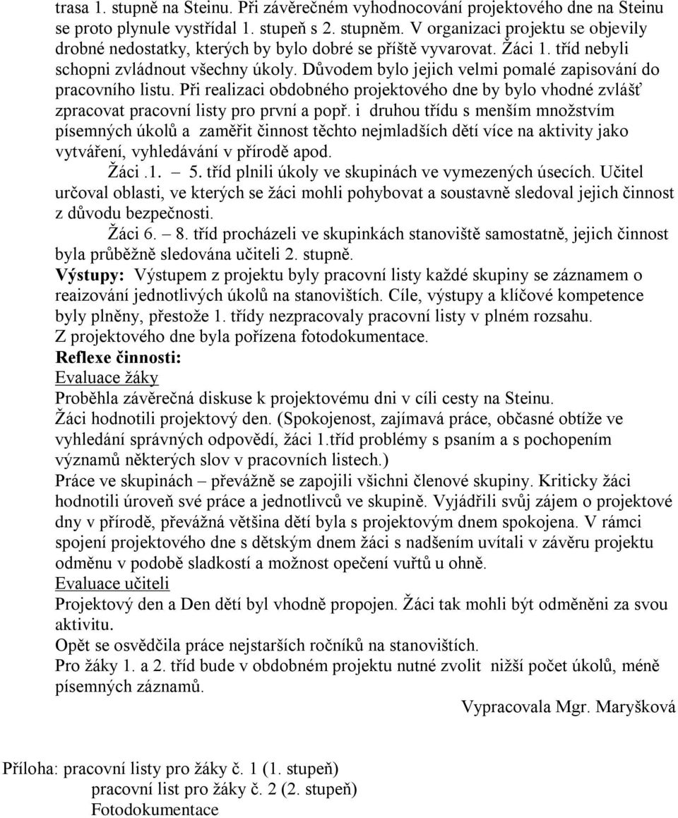 Důvodem bylo jejich velmi pomalé zapisování do pracovního listu. Při realizaci obdobného projektového dne by bylo vhodné zvlášť zpracovat pracovní listy pro první a popř.