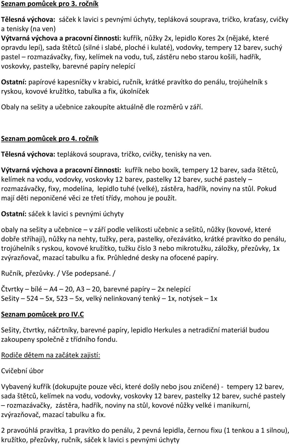 štětců (silné i slabé, ploché i kulaté), vodovky, tempery 12 barev, suchý pastel rozmazávačky, fixy, kelímek na vodu, tuš, zástěru nebo starou košili, hadřík, voskovky, pastelky, barevné papíry