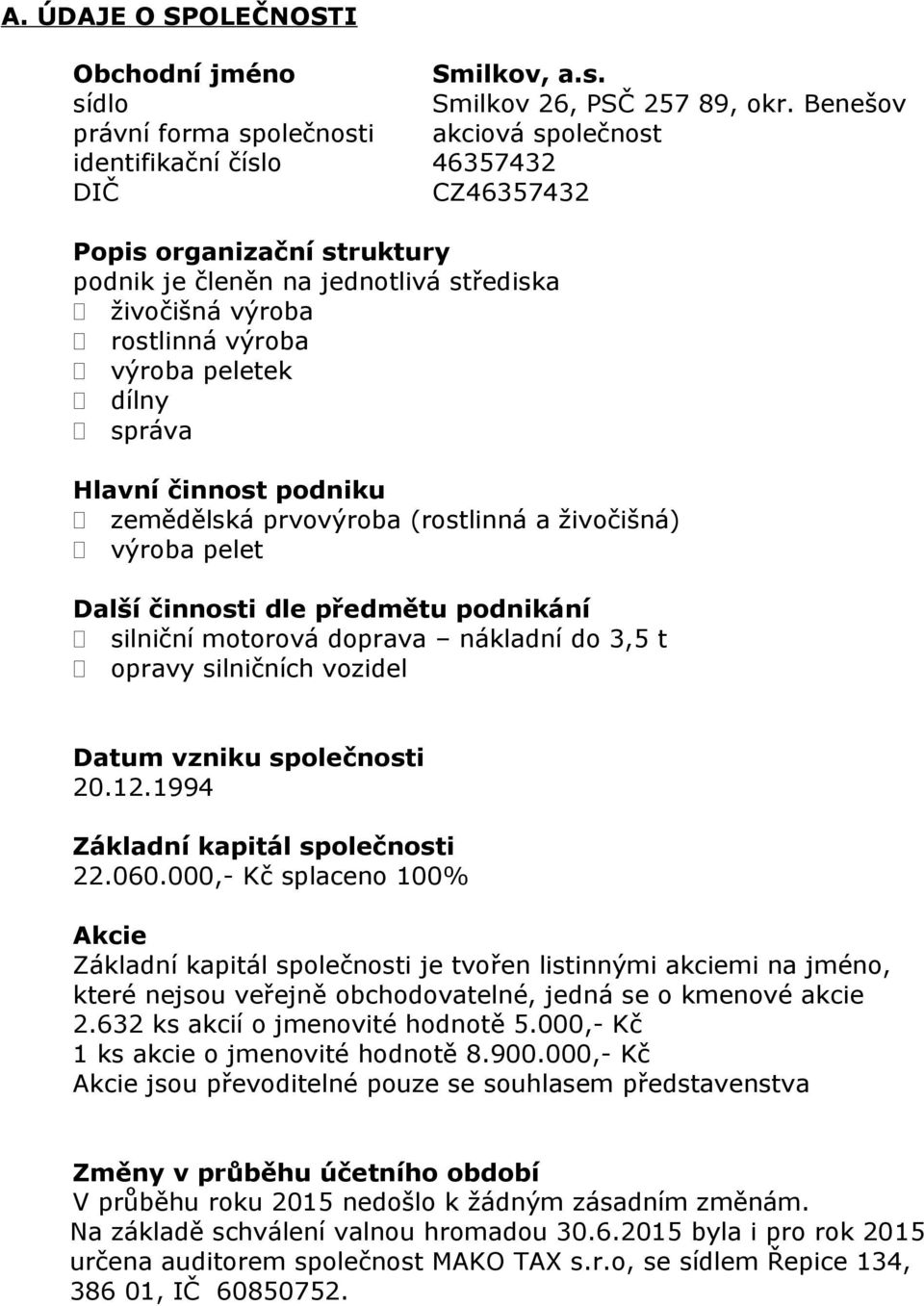 výroba peletek dílny správa Hlavní činnost podniku zemědělská prvovýroba (rostlinná a živočišná) výroba pelet Další činnosti dle předmětu podnikání silniční motorová doprava nákladní do 3,5 t opravy