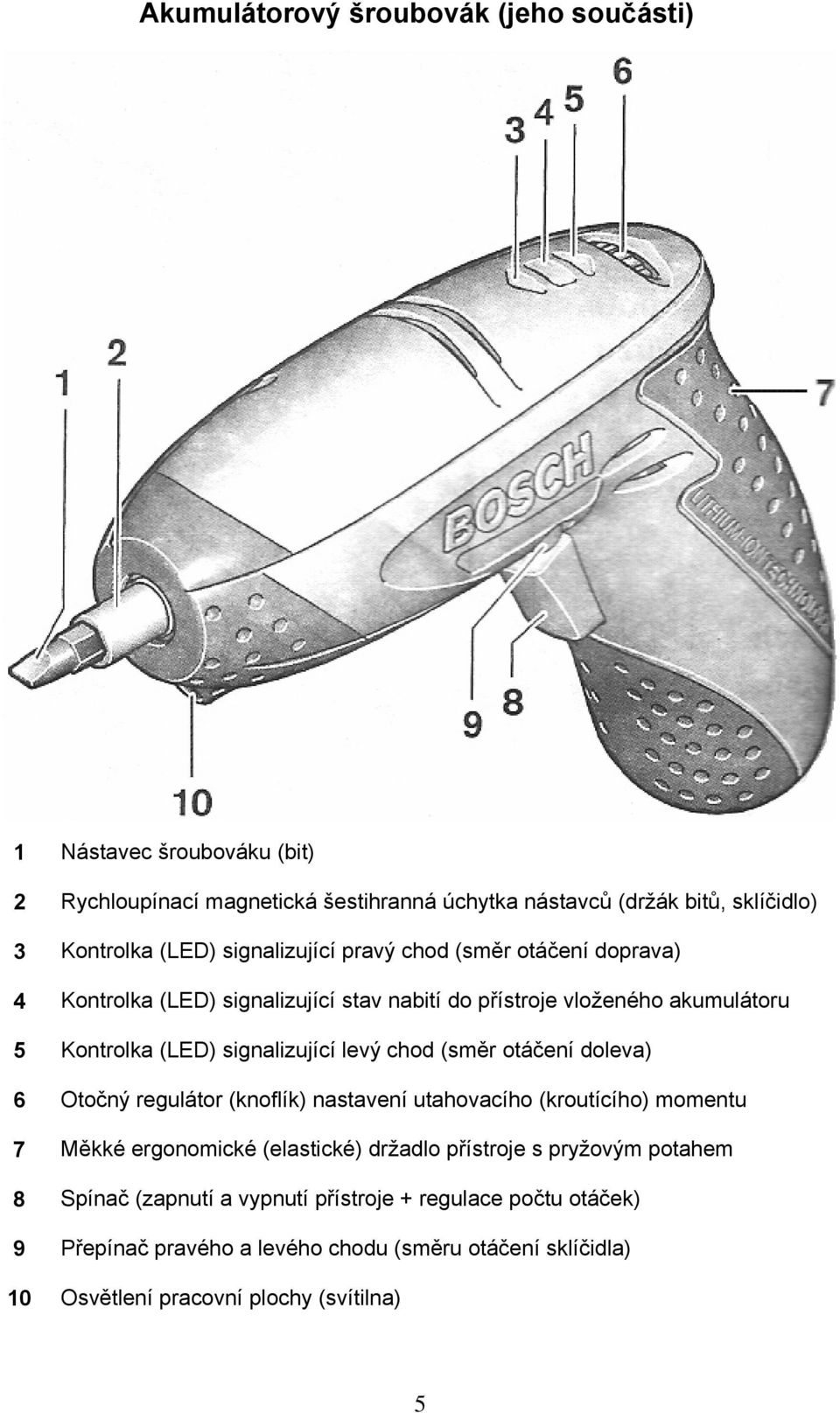 chod (směr otáčení doleva) 6 Otočný regulátor (knoflík) nastavení utahovacího (kroutícího) momentu 7 Měkké ergonomické (elastické) držadlo přístroje s pryžovým