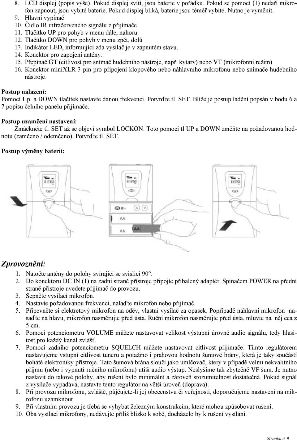 Indikátor LED, informující zda vysílač je v zapnutém stavu. 14. Konektor pro zapojení antény. 15. Přepínač GT (citlivost pro snímač hudebního nástroje, např. kytary) nebo VT (mikrofonní režim) 16.