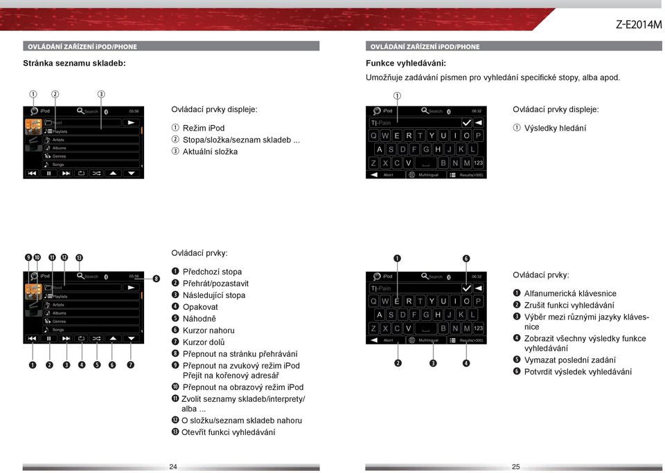 Ovládací prvky displeje: Výsledky hledání Předchozí stopa Přehrát/pozastavit Následující stopa Opakovat Náhodně Kurzor nahoru Kurzor dolů Přepnout na stránku přehrávání Přepnout na zvukový režim ipod