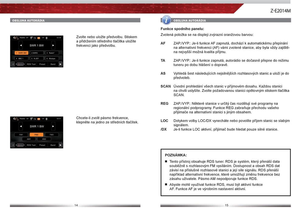 : Je-li funkce AF zapnutá, dochází k automatickému přepínání na alternativní frekvenci (AF) vámi zvolené stanice, aby byla vždy zajištěna nejvyšší možná kvalita příjmu. TA AS ZAP./VYP.