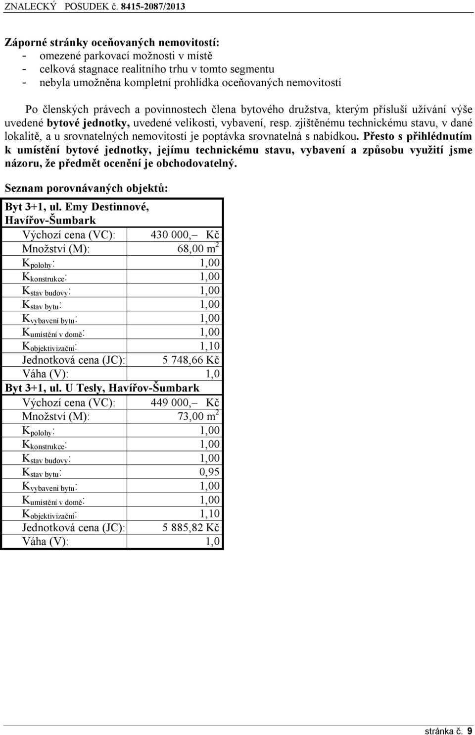 zjištěnému technickému stavu, v dané lokalitě, a u srovnatelných nemovitostí je poptávka srovnatelná s nabídkou.