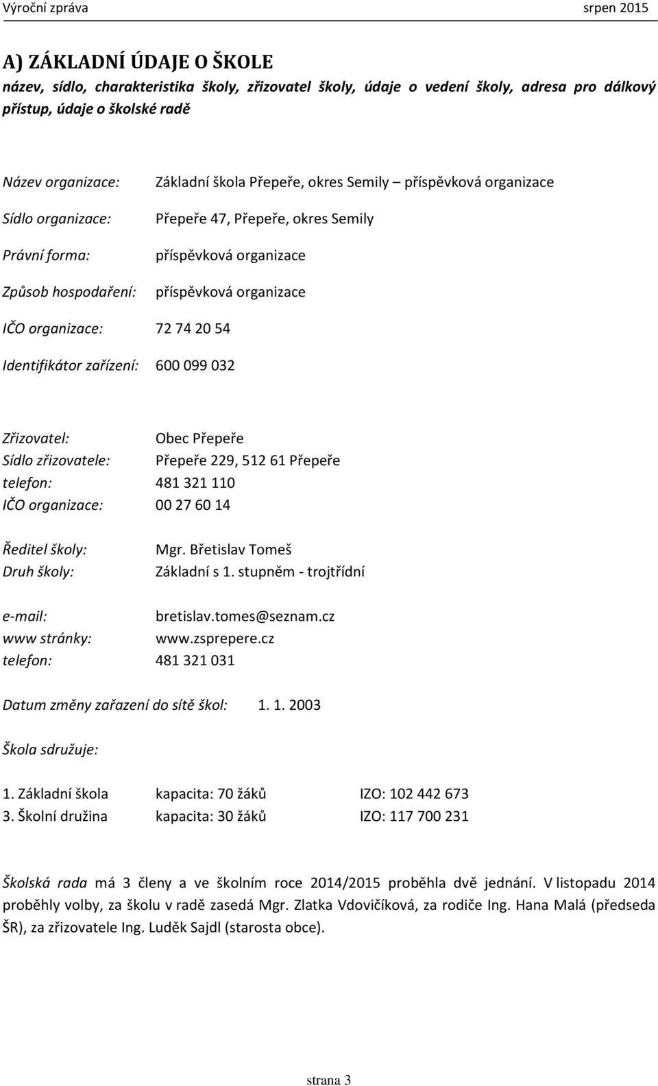 Identifikátor zařízení: 600 099 032 Zřizovatel: Obec Přepeře Sídlo zřizovatele: Přepeře 229, 51261 Přepeře telefon: 481321110 IČO organizace: 00276014 Ředitel školy: Druh školy: Mgr.