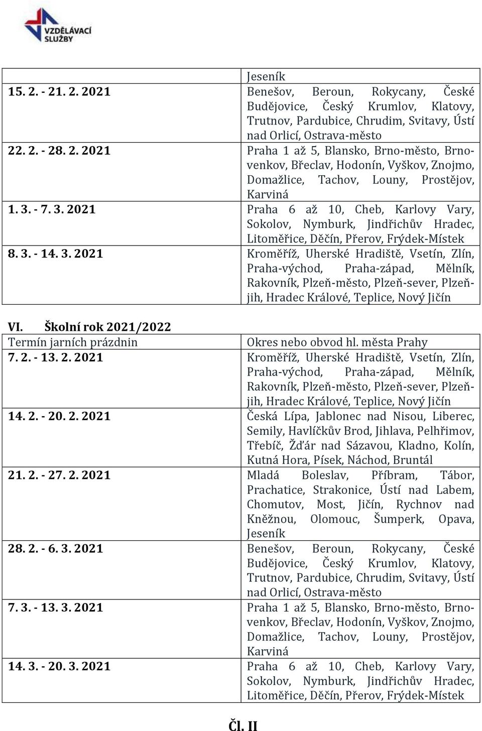 2. - 20. 2. 2021 Česká Lípa, Jablonec nad Nisou, Liberec, 21. 2. - 27. 2. 2021 Mladá Boleslav, Příbram, Tábor, 28. 2. - 6. 3.
