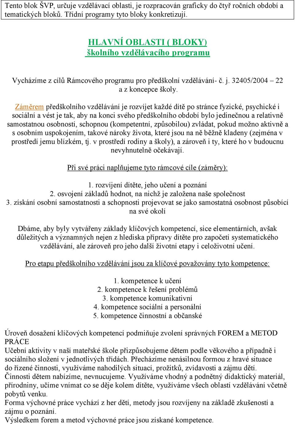 Záměrem předškolního vzdělávání je rozvíjet každé dítě po stránce fyzické, psychické i sociální a vést je tak, aby na konci svého předškolního období bylo jedinečnou a relativně samostatnou