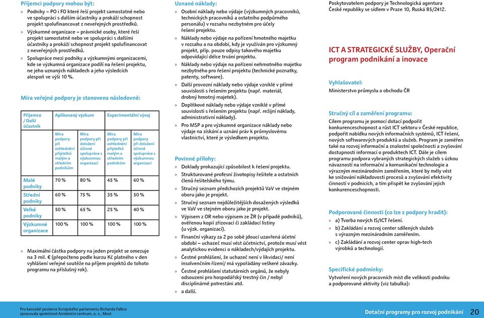 Spolupráce mezi podniky a výzkumnými organizacemi, kde se výzkumná organizace podílí na řešení projektu, ne jeho uznaných nákladech a jeho výsledcích alespoň ve výši 10 %.