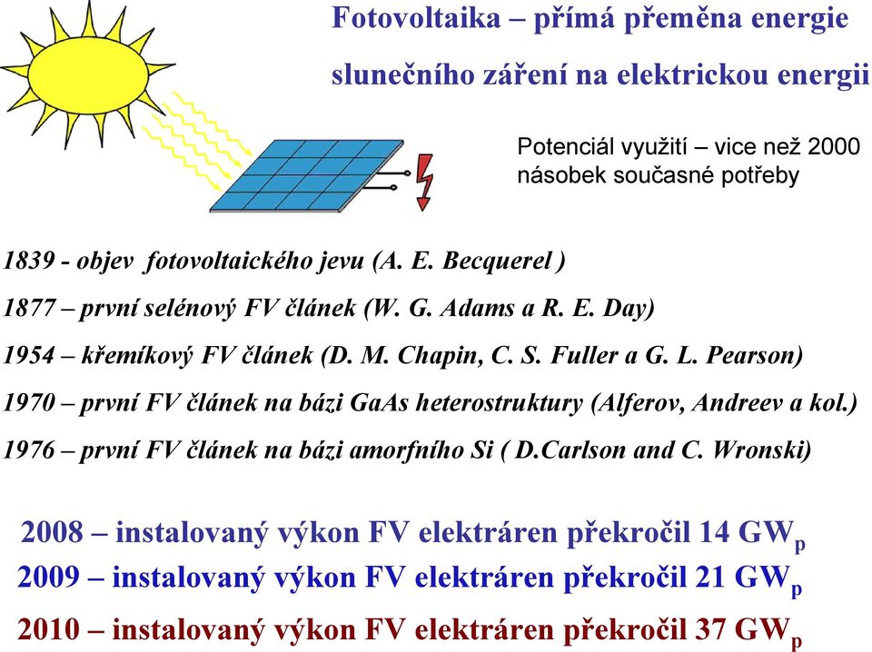 Pearson) 1970 první FV článek na bázi GaAs heterostruktury (Alferov, Andreev a kol.) 1976 první FV článek na bázi amorfního Si ( D.Carlson and C.