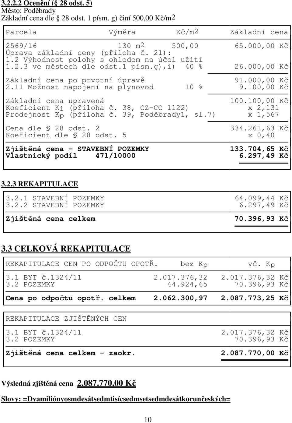 11 Možnost napojení na plynovod 10 % 9.100,00 Kč Základní cena upravená 100.100,00 Kč Koeficient Ki (příloha č. 38, CZ-CC 1122) x 2,131 Prodejnost Kp (příloha č. 39, Poděbrady1, sl.