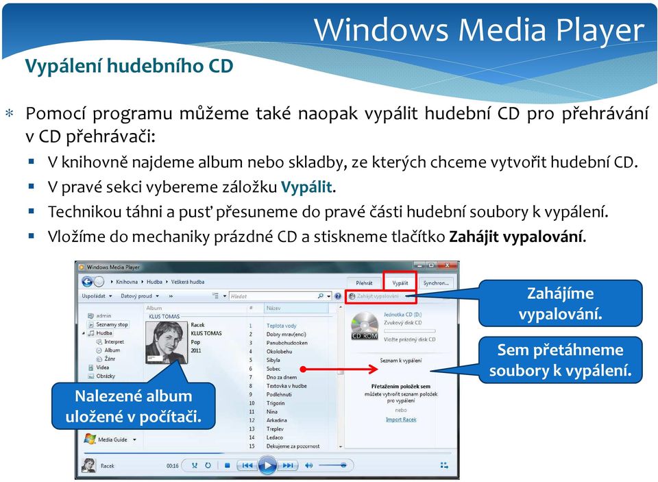 V pravé sekci vybereme záložku Vypálit. Technikou táhni a pusť přesuneme do pravé části hudební soubory k vypálení.