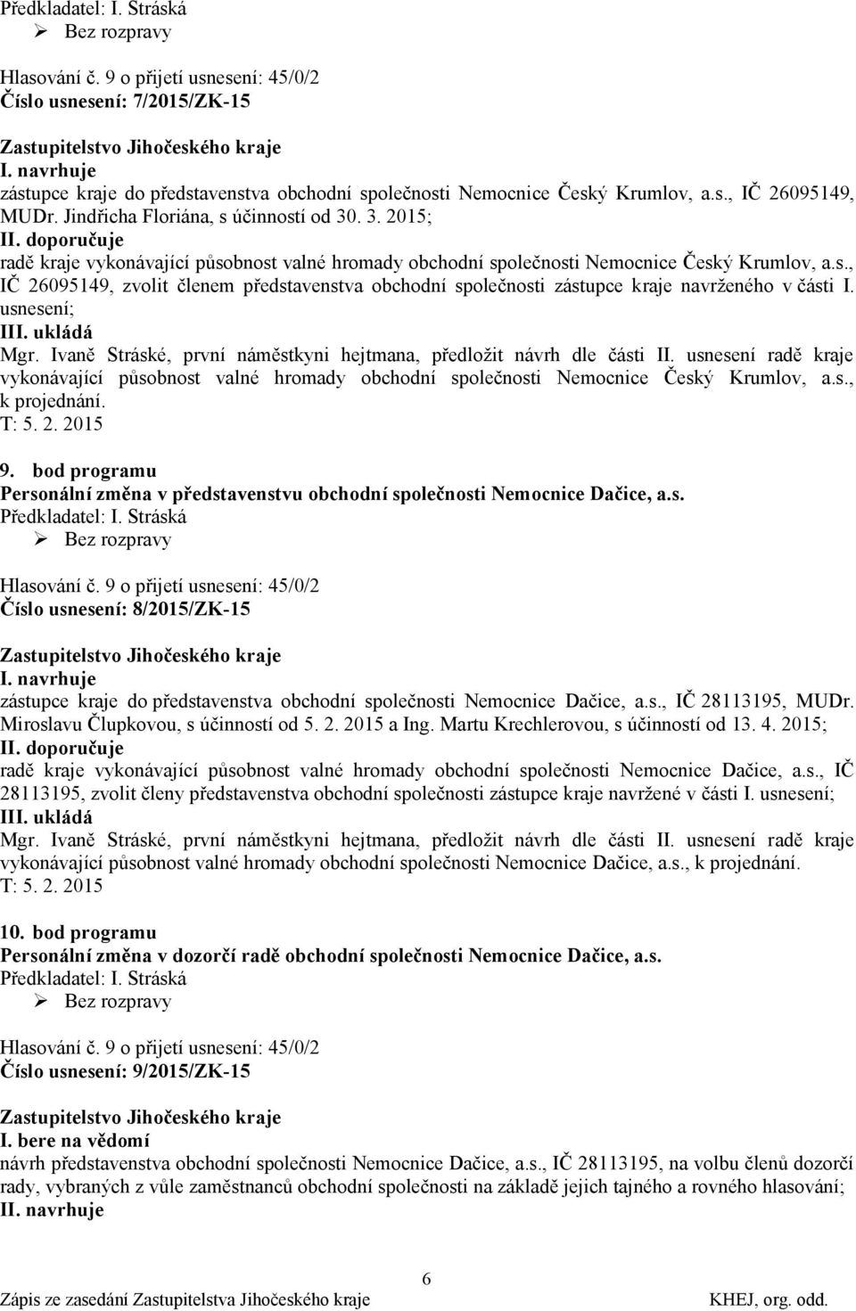 usnesení; III. ukládá Mgr. Ivaně Stráské, první náměstkyni hejtmana, předloţit návrh dle části II.