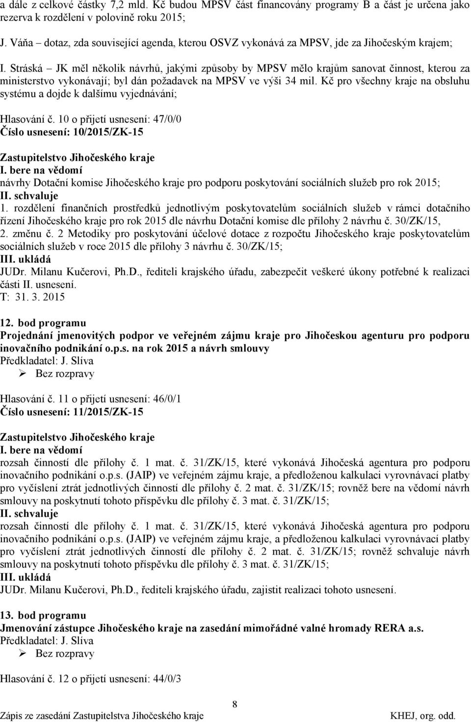 Stráská JK měl několik návrhů, jakými způsoby by MPSV mělo krajům sanovat činnost, kterou za ministerstvo vykonávají; byl dán poţadavek na MPSV ve výši 34 mil.