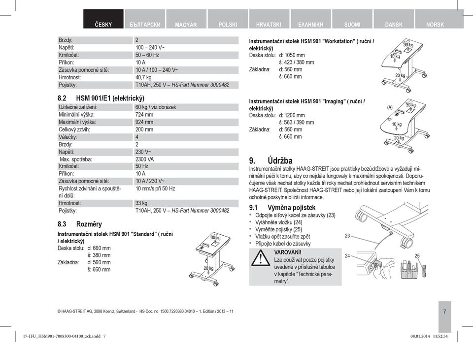 2 HSM 901/E1 (elektrický Užitečné zatížení: 60 kg / viz obrázek Minimální výška: 724 mm Maximální výška: 924 mm Celkový zdvih: 200 mm Válečky: 4 Brzdy: 2 Napětí: 230 V~ Max.