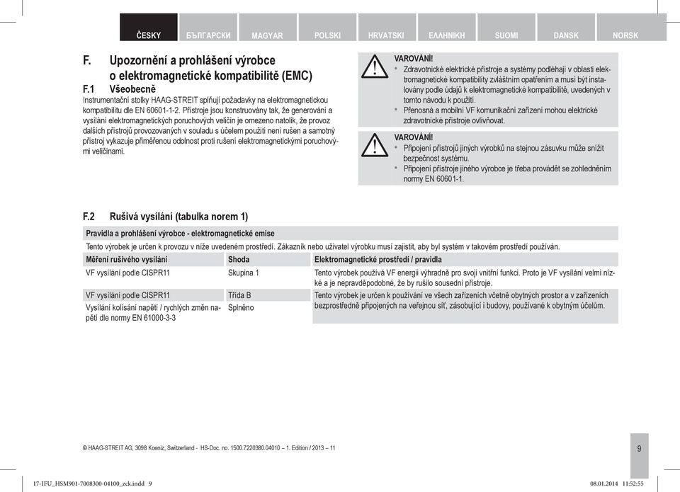 Přístroje jsou konstruovány tak, že generování a vysílání elektromagnetických poruchových veličin je omezeno natolik, že provoz dalších přístrojů provozovaných v souladu s účelem použití není rušen a