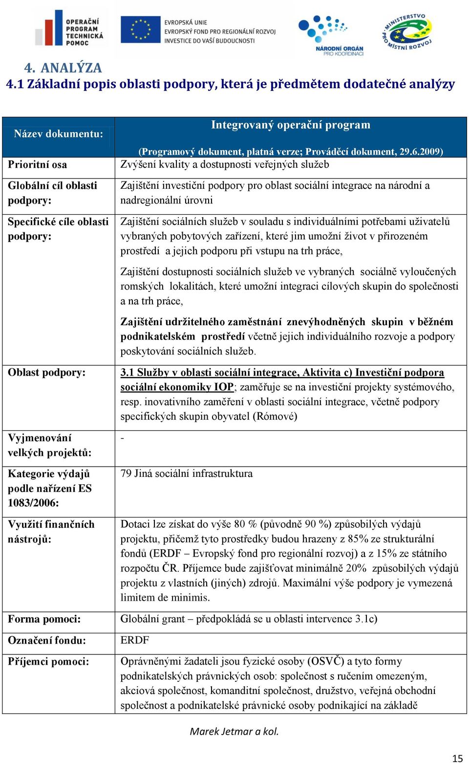 velkých projektů: Kategorie výdajů podle nařízení ES 1083/2006: Využití finančních nástrojů: Forma pomoci: Označení fondu: Příjemci pomoci: Integrovaný operační program (Programový dokument, platná