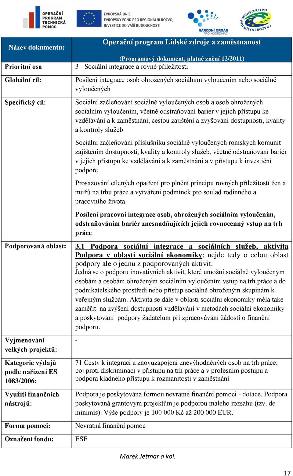 vyloučením nebo sociálně vyloučených Sociální začleňování sociálně vyloučených osob a osob ohrožených sociálním vyloučením, včetně odstraňování bariér v jejich přístupu ke vzdělávání a k zaměstnání,