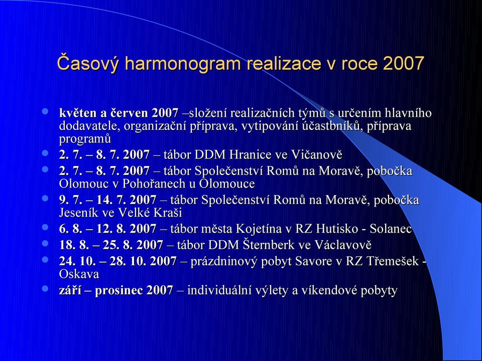 7. 14. 7. 2007 tábor Společenství Romů na Moravě, pobočka Jeseník ve Velké Kraši 6. 8. 12. 8. 2007 tábor města Kojetína v RZ Hutisko - Solanec 18. 8. 25. 8. 2007 tábor DDM Šternberk ve Václavově 24.