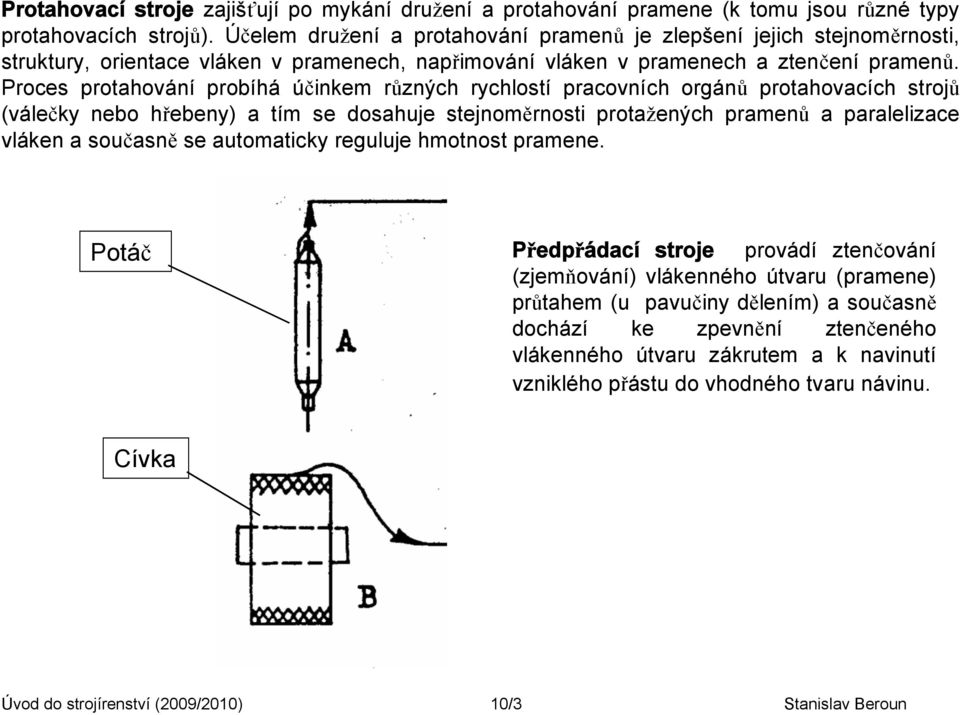 Proces protahování probíhá účinkem různých rychlostí pracovních orgánů protahovacích strojů (válečky nebo hřebeny) a tím se dosahuje stejnoměrnosti protažených pramenů a paralelizace vláken a