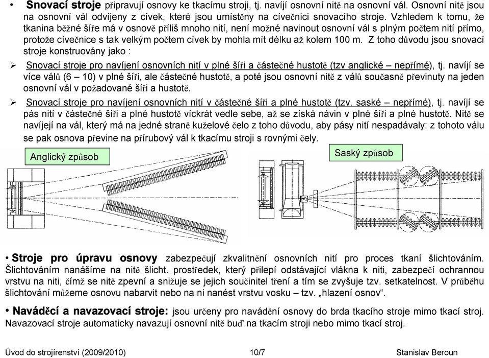 kolem 100 m. Z toho důvodu jsou snovací stroje konstruovány jako : Snovací stroje pro navíjení osnovních nití v plné šíři a částečné hustotě (tzv anglické nepřímé), tj.
