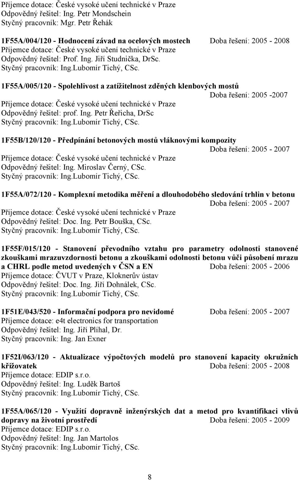 Petr Řeřicha, DrSc 1F55B/120/120 - Předpínání betonových mostů vláknovými kompozity Odpovědný řešitel: Ing. Miroslav Černý, CSc.