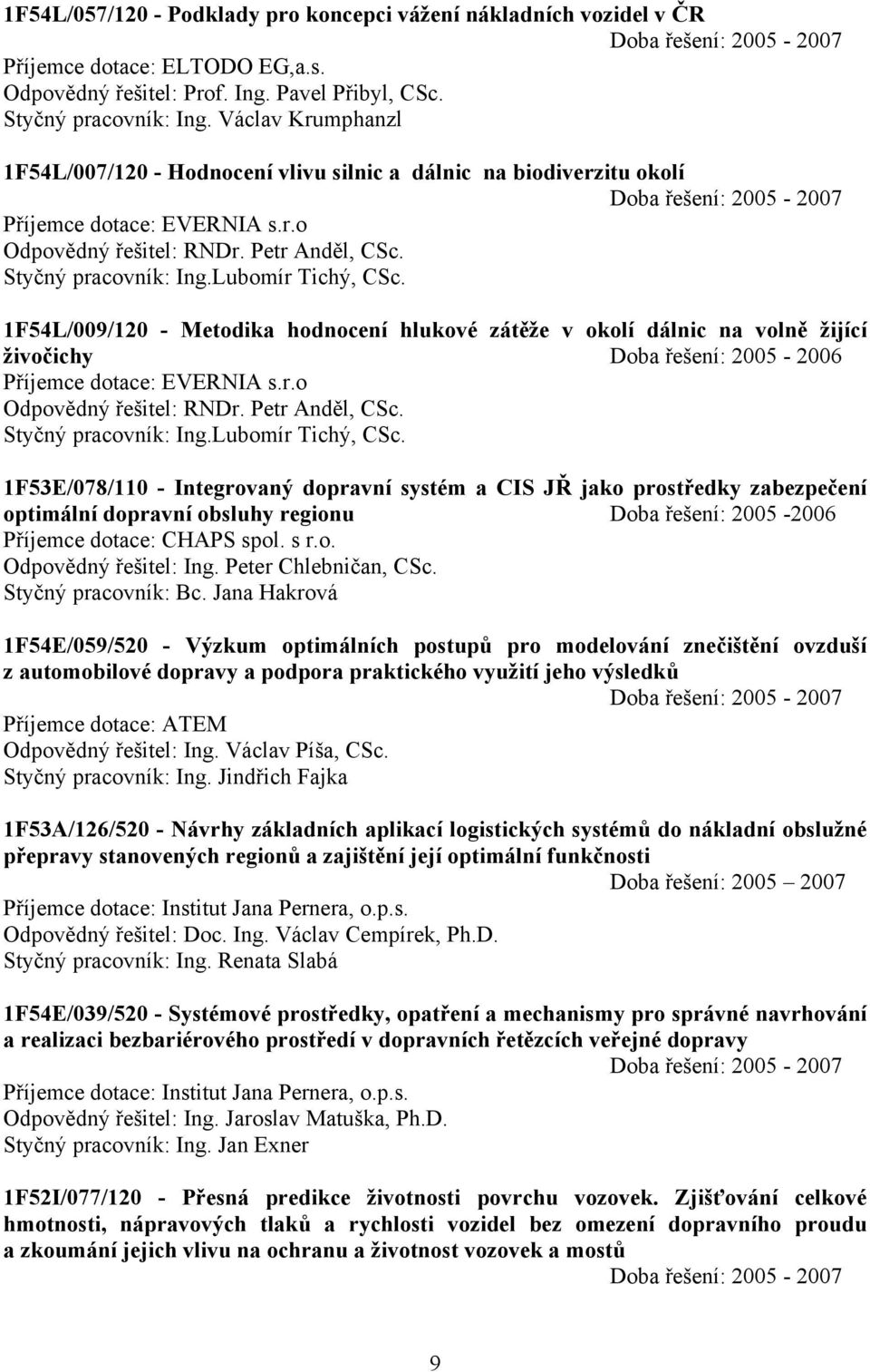 1F54L/009/120 - Metodika hodnocení hlukové zátěže v okolí dálnic na volně žijící živočichy Doba řešení: 2005-2006 Příjemce dotace: EVERNIA s.r.o Odpovědný řešitel: RNDr. Petr Anděl, CSc.