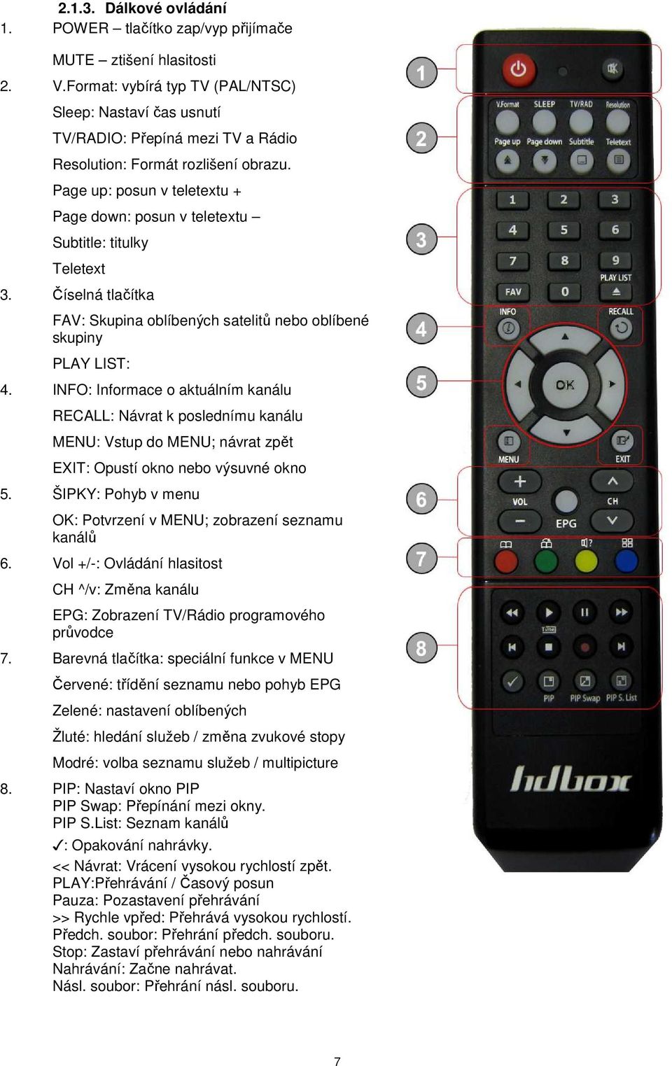 Page up: posun v teletextu + Page down: posun v teletextu Subtitle: titulky Teletext 3. Číselná tlačítka FAV: Skupina oblíbených satelitů nebo oblíbené skupiny PLAY LIST: 4.