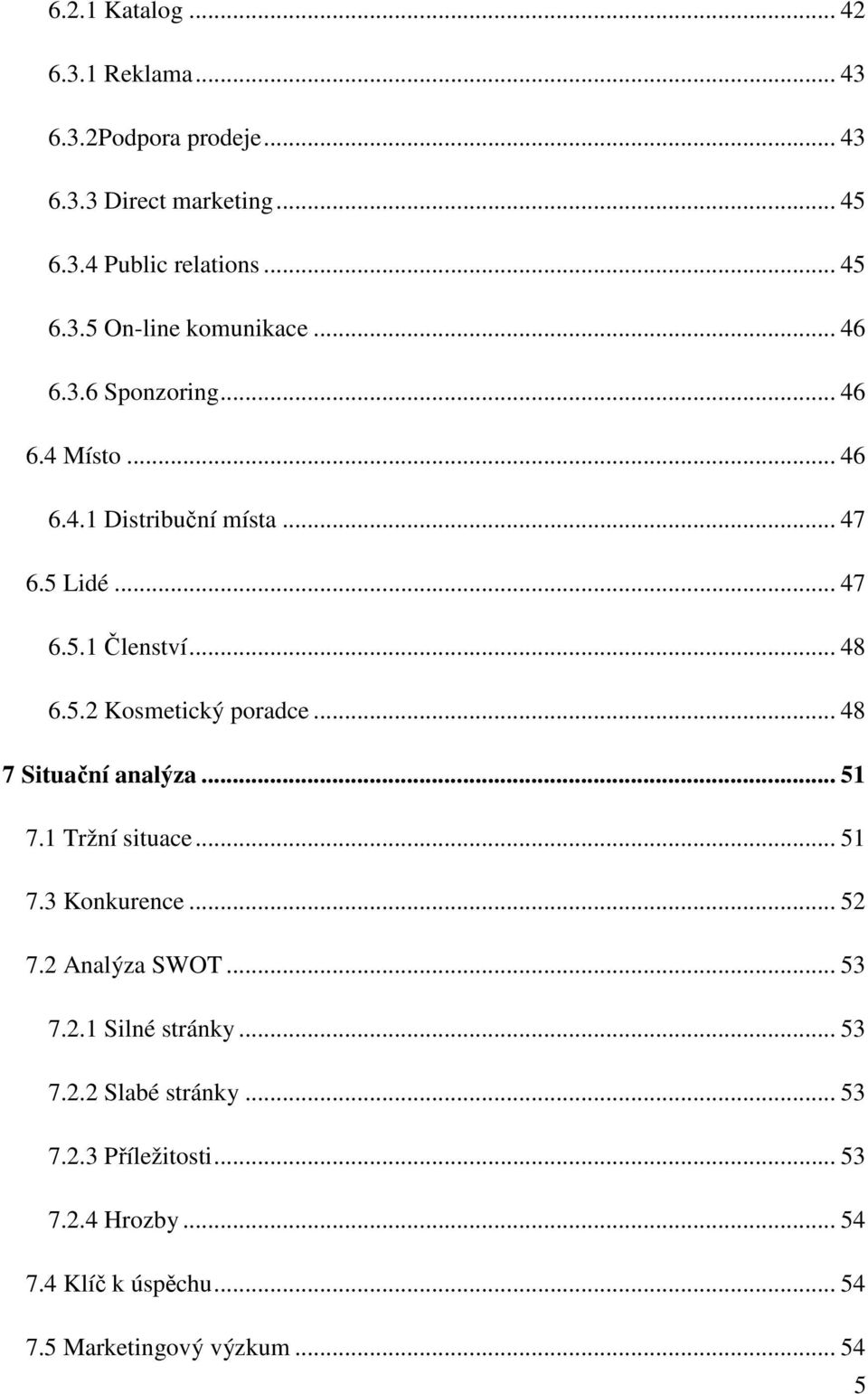 .. 48 7 Situační analýza... 51 7.1 Tržní situace... 51 7.3 Konkurence... 52 7.2 Analýza SWOT... 53 7.2.1 Silné stránky... 53 7.2.2 Slabé stránky.