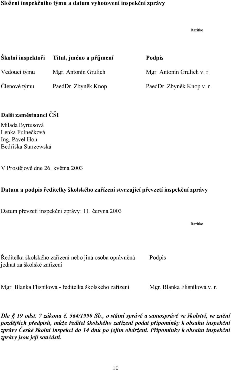 května 2003 Datum a podpis ředitelky školského zařízení stvrzující převzetí inspekční zprávy Datum převzetí inspekční zprávy: 11.