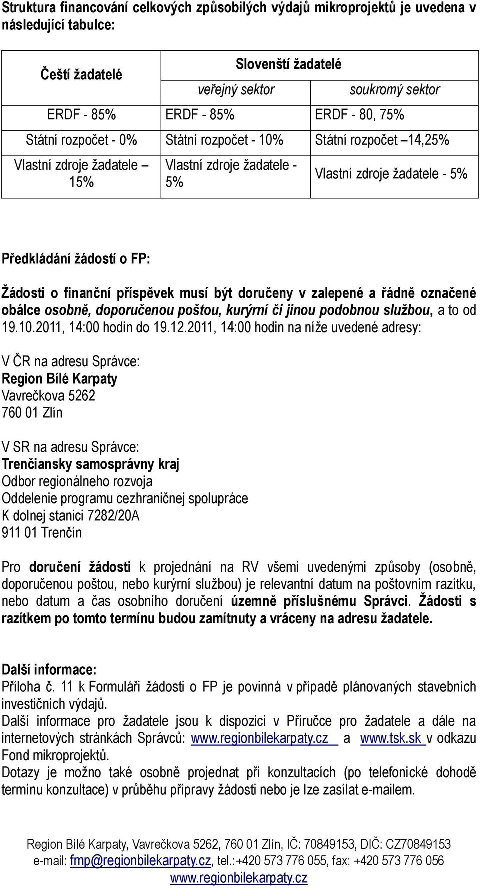 finanční příspěvek musí být doručeny v zalepené a řádně označené obálce osobně, doporučenou poštou, kurýrní či jinou podobnou službou, a to od 19.10.2011, 14:00 hodin do 19.12.