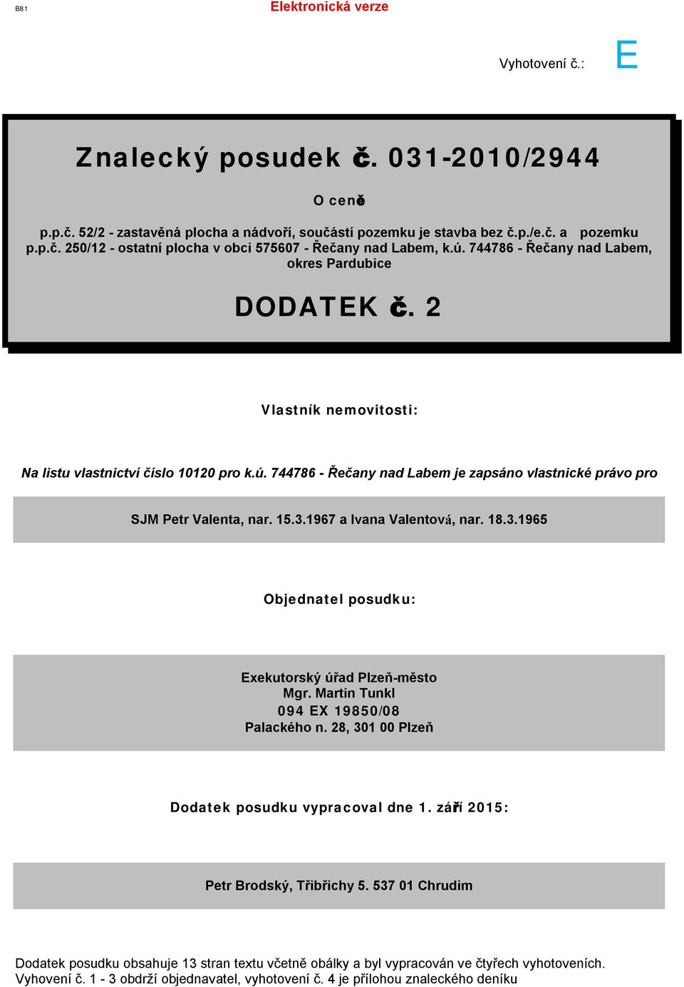 15.3.1967 a Ivana Valentová, nar. 18.3.1965 Objednatel posudku: Exekutorský úřad Plzeň-město Mgr. Martin Tunkl 094 EX 19850/08 Palackého n. 28, 301 00 Plzeň Dodatek posudku vypracoval dne 1.
