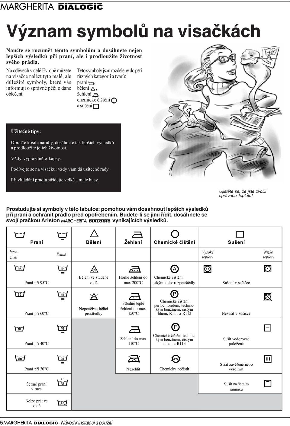 Tyto symboly jsou rozdìleny do pìti rùzných kategorií a tvarù: praní, bìlení, žehlení, chemické èištìní a sušení.