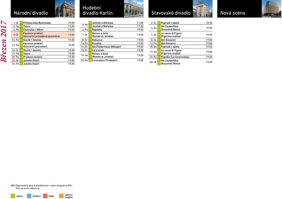 Ne Jeníček a Mařenka 11.00 Jeníček a Mařenka 17.00 6. Po Rigoletto 7. Út (Roméo et Juliette) 8. St Nabucco 13. Po Rusalka 14. Út Die Fledermaus (Netopýr) 15.