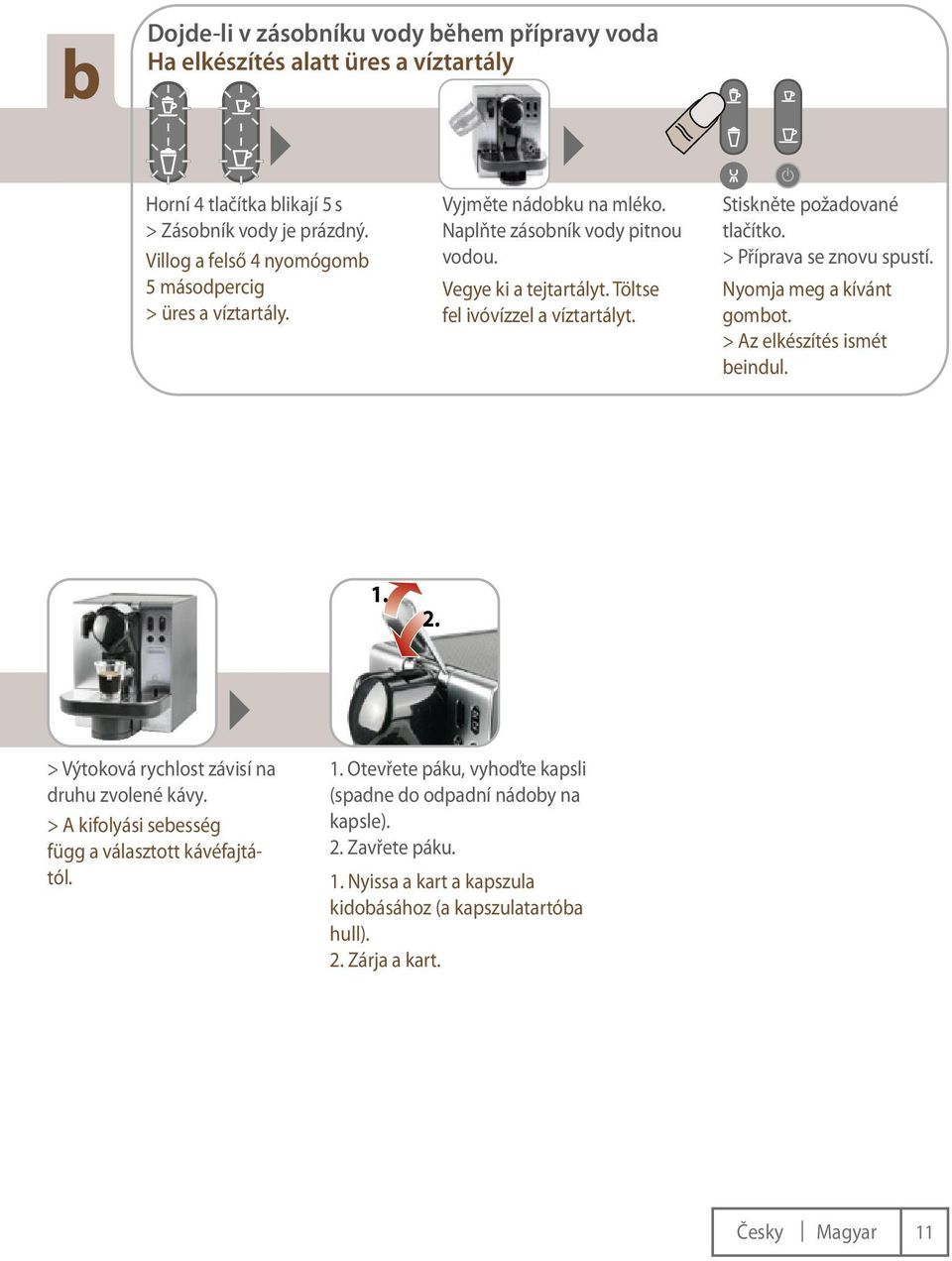 Stiskněte požadované tlačítko. > Příprava se znovu spustí. Nyomja meg a kívánt gombot. > Az elkészítés ismét beindul. 1. 2. > Výtoková rychlost závisí na druhu zvolené kávy.