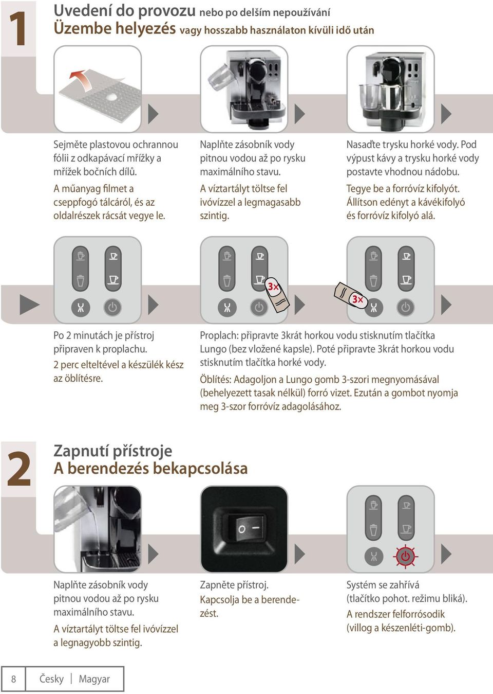 Nasaďte trysku horké vody. Pod výpust kávy a trysku horké vody postavte vhodnou nádobu. Tegye be a forróvíz kifolyót. Állítson edényt a kávékifolyó és forróvíz kifolyó alá.