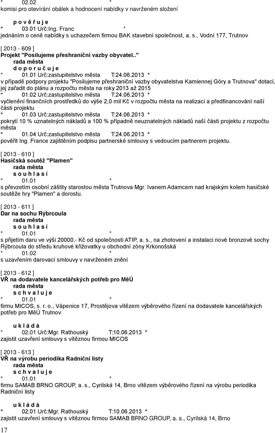 2013 * v případě podpory projektu "Posilujeme přeshraniční vazby obyvatelstva Kamiennej Góry a Trutnova" dotací, jej zařadit do plánu a rozpočtu města na roky 2013 až 2015 * 01.