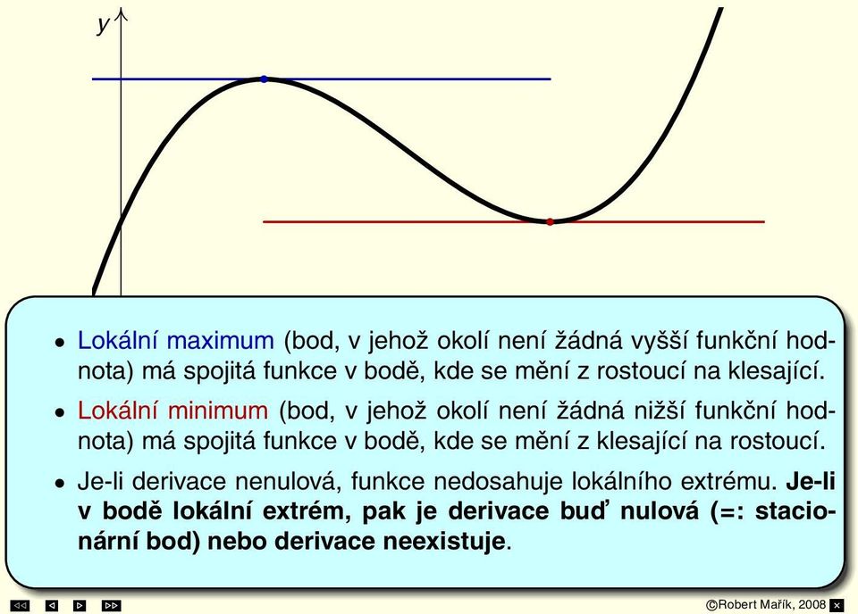 Lokální minimum (bod, v jehož okolí není žádná nižší funkční hodnota) má spojitá funkce v bodě, kde se mění