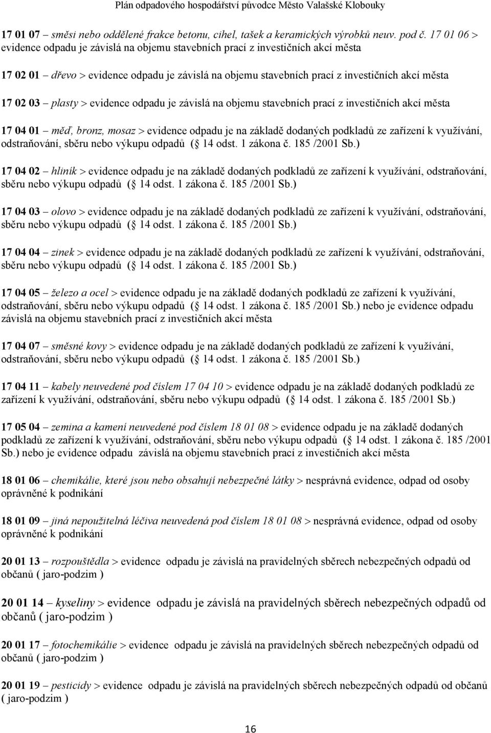 evidence odpadu je závislá na objemu stavebních prací z investičních akcí města 7 04 0 měď, bronz, mosaz evidence odpadu je na základě dodaných podkladů ze zařízení k využívání, odstraňování, sběru