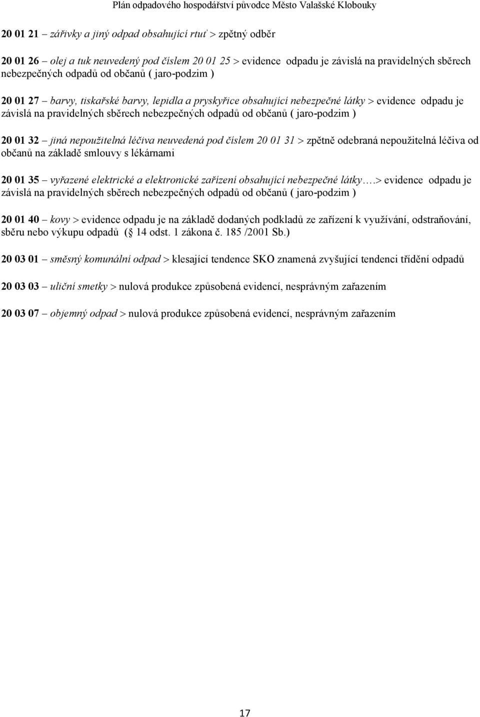 nepoužitelná léčiva neuvedená pod číslem 20 0 3 zpětně odebraná nepoužitelná léčiva od občanů na základě smlouvy s lékárnami 20 0 35 vyřazené elektrické a elektronické zařízení obsahující nebezpečné