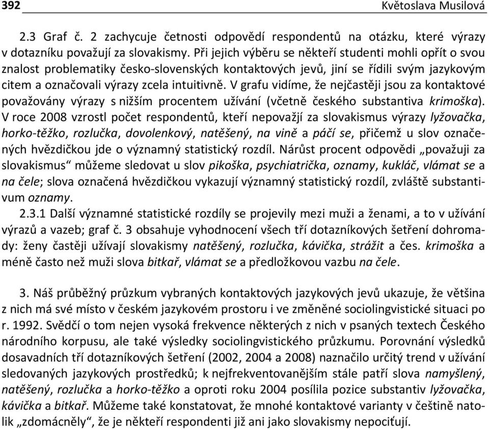V grafu vidíme, že nejčastěji jsou za kontaktové považovány výrazy s nižším procentem užívání (včetně českého substantiva krimoška).