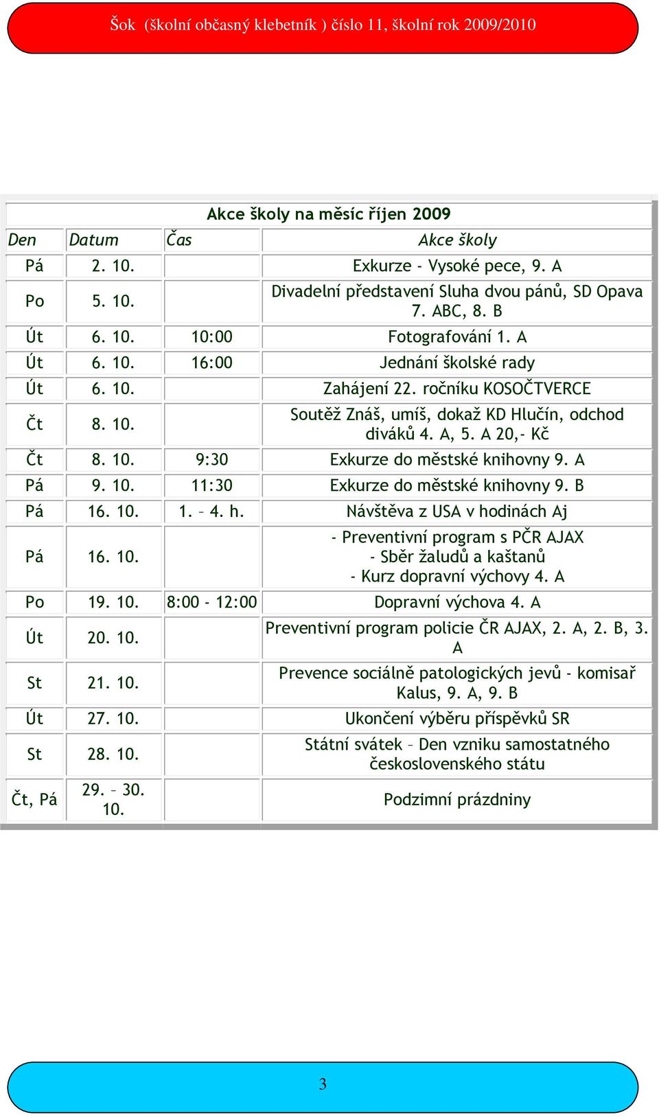 A Pá 9. 10. 11:30 Exkurze do městské knihovny 9. B Pá 16. 10. 1. 4. h. Návštěva z USA v hodinách Aj Pá 16. 10. - Preventivní program s PČR AJAX - Sběr žaludů a kaštanů - Kurz dopravní výchovy 4.