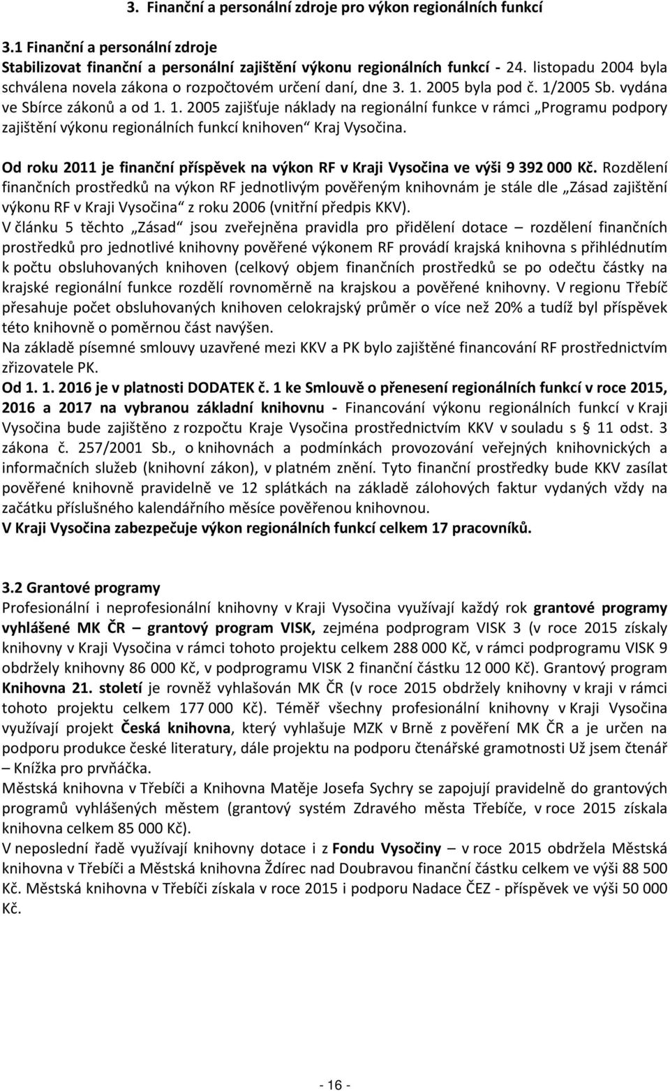 2005 byla pod č. 1/2005 Sb. vydána ve Sbírce zákonů a od 1. 1. 2005 zajišťuje náklady na regionální funkce v rámci Programu podpory zajištění výkonu regionálních funkcí knihoven Kraj Vysočina.