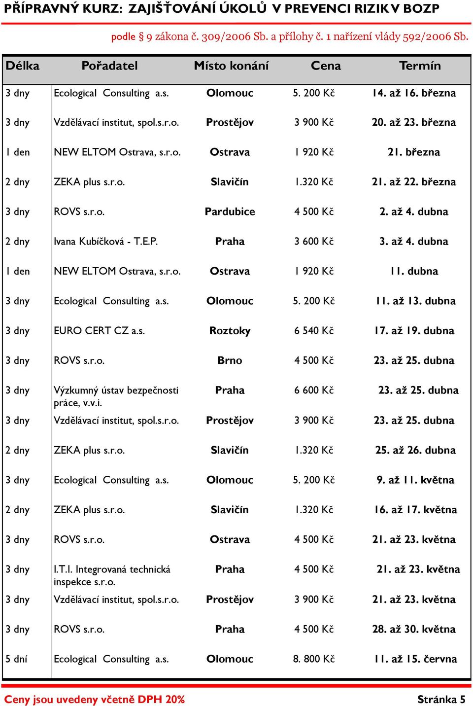 března 1 den NEW ELTOM Ostrava, s.r.o. Ostrava 1 920 Kč 21. března 2 dny ZEKA plus s.r.o. Slavičín 1.320 Kč 21. až 22. března 3 dny ROVS s.r.o. Pardubice 4 500 Kč 2. až 4.