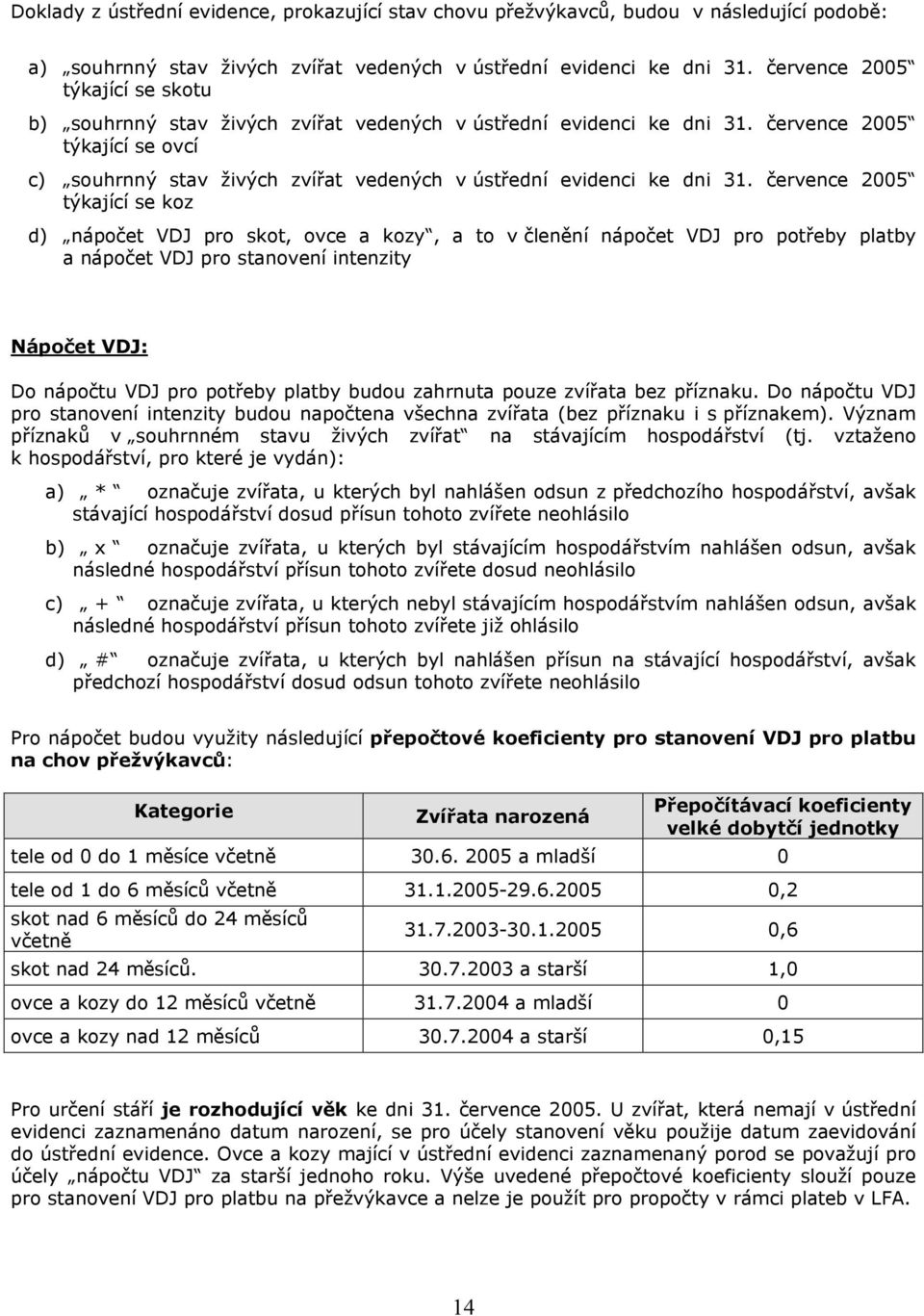 července 2005 týkající se ovcí c) souhrnný stav živých zvířat vedených v ústřední evidenci ke dni 31.