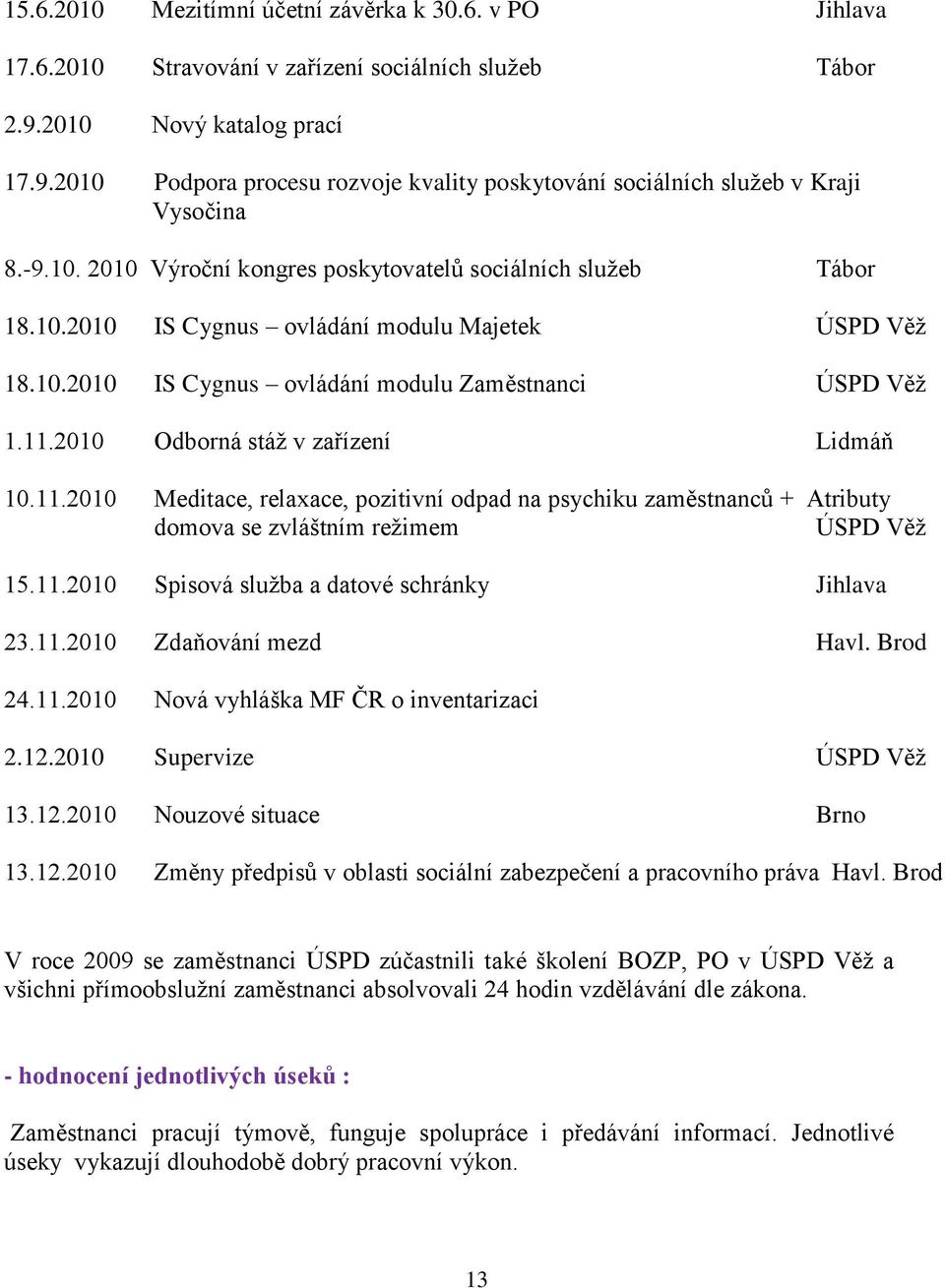 10.2010 IS Cygnus ovládání modulu Zaměstnanci ÚSPD Věţ 1.11.2010 Odborná stáţ v zařízení Lidmáň 10.11.2010 Meditace, relaxace, pozitivní odpad na psychiku zaměstnanců + Atributy domova se zvláštním reţimem ÚSPD Věţ 15.